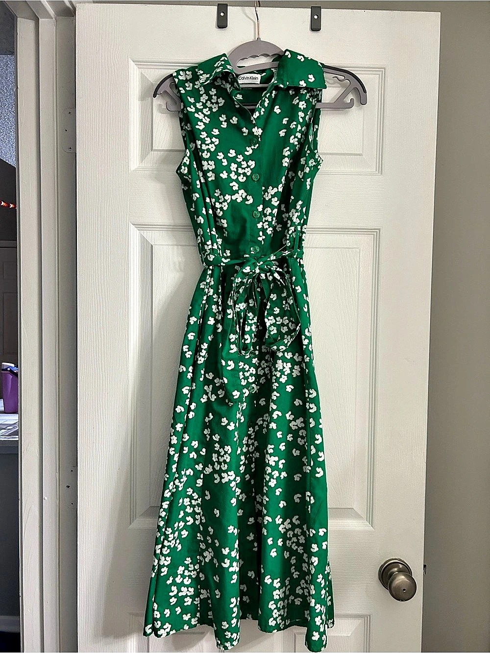 Calvin Klein Floral Sleeveless Collared Midi Shirtdress Green & White Medium